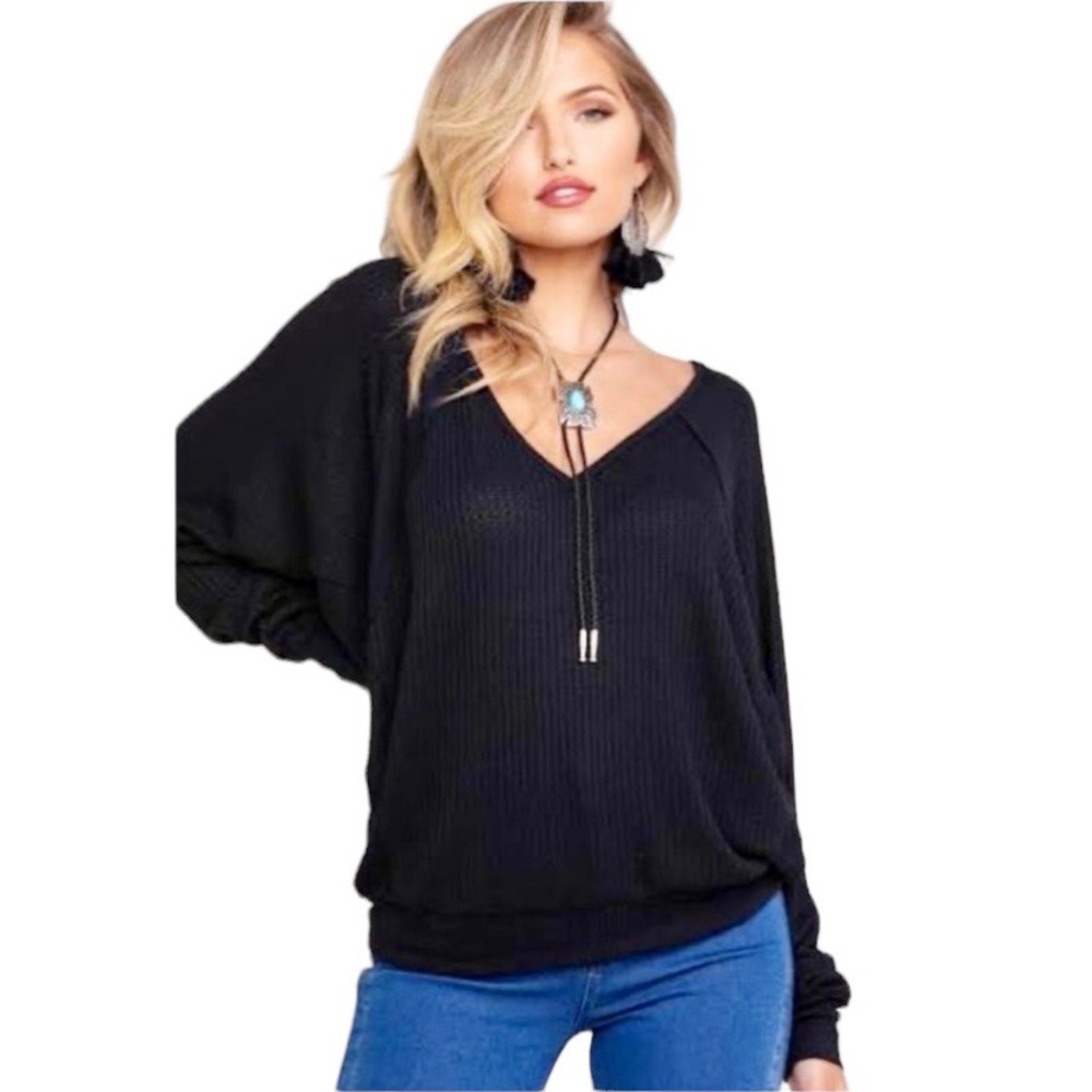 Free People We The Free Santa Clara Thermal Top V-Neck Black Oversized Medium